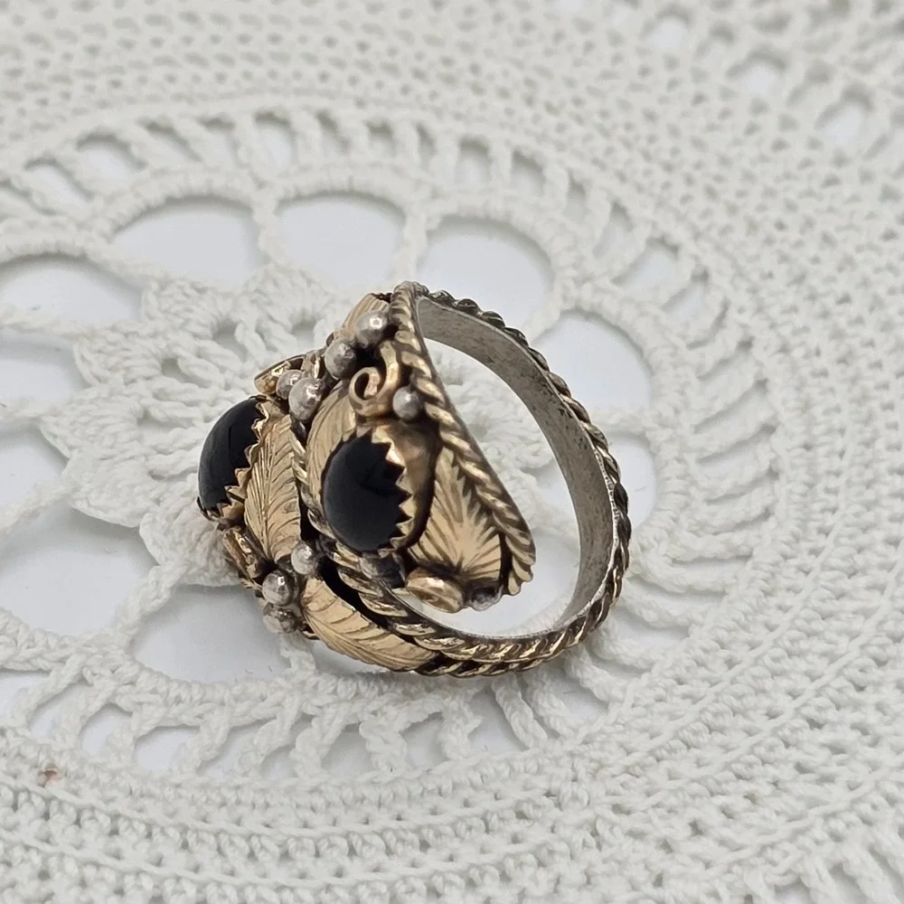 Vintage Bypass Ring Adjustable Size 4 12K Gold Filled Black Gemstone Seed Pearl